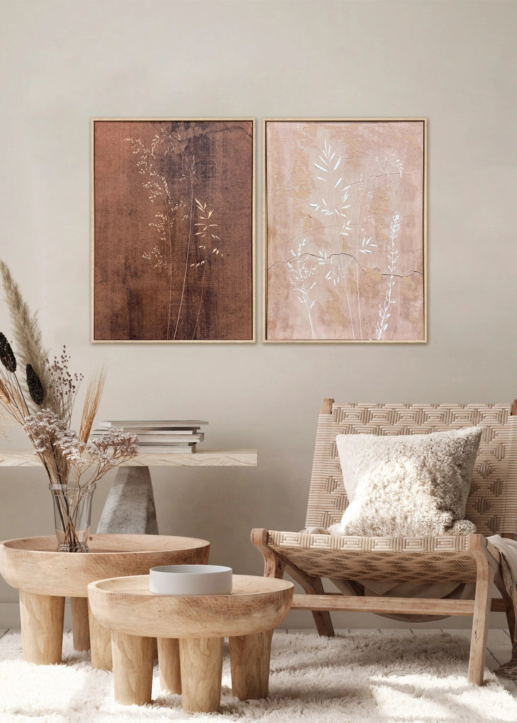 Dittico di tele incorniciate Hispanohogar stampa e pittura marrone e rosa 72x52