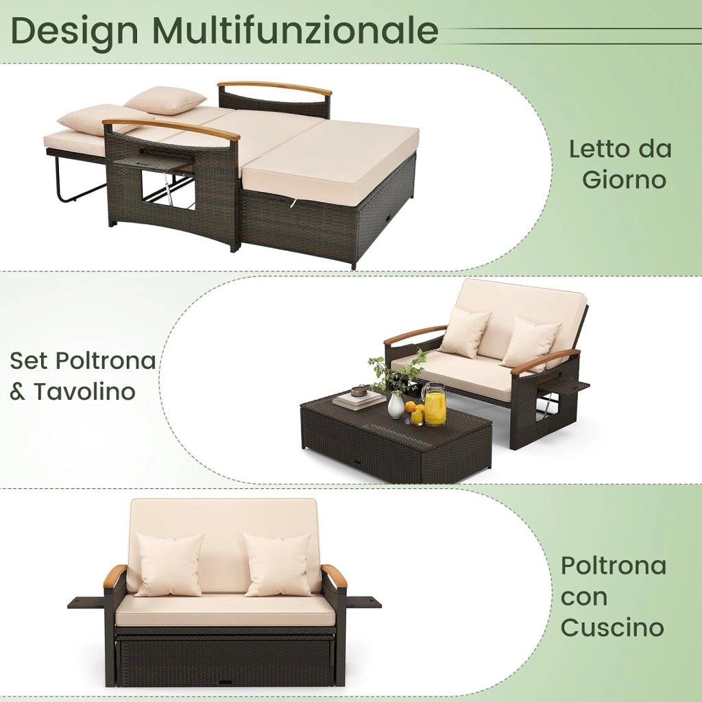 Lettino Regolabile da Giardino con Cuscino e Panca Contenitore, Divano Salvaspazio da Esterno con Schienale Regolabile a 4 Livelli e Vassoi Laterali Estraibili, per Piscina e Cortile (Beige)