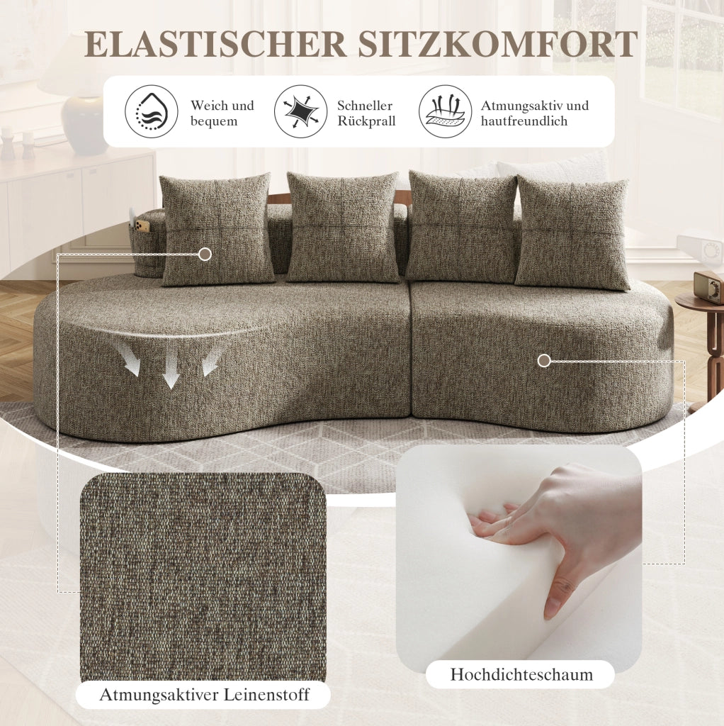 Divano in lino 240x109x60 cm color khaki con 4 cuscini; portabicchieri e tasche laterali