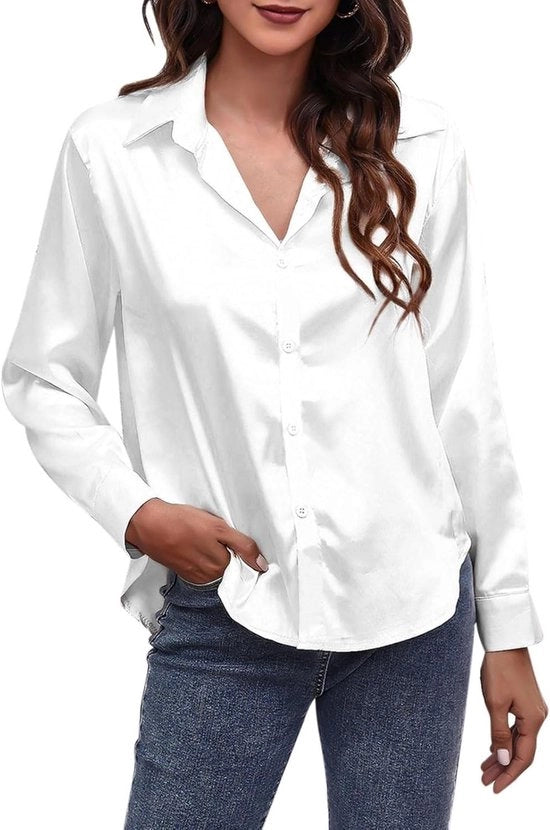 Blusa satinata con maniche lunghe e collo V per donne, camicia liscia, capi casual e da ufficio