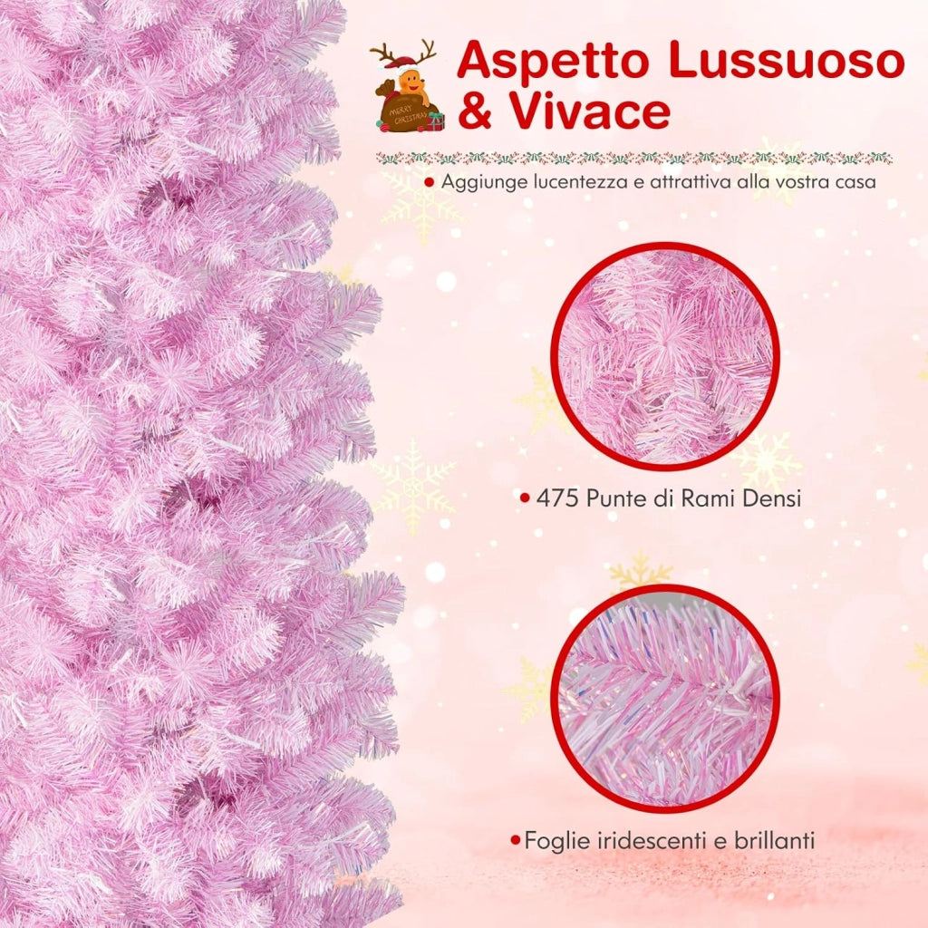 Albero di Natale Artificiale Pre-Illuminato da 180 CM, Albero di Natale Slim Rosa con 475 Rami, 250 Luci LED, Base Pieghevole in Metallo, Decorazione Natalizia per Casa Ufficio Feste