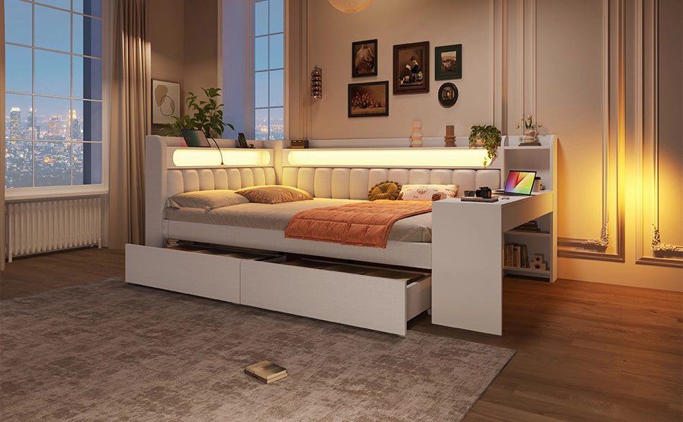 Letto a giorno con LED, porte USB, scrivania e 2 cassetti in MDF, compensato e tessuto bianco 140 × 200 cm