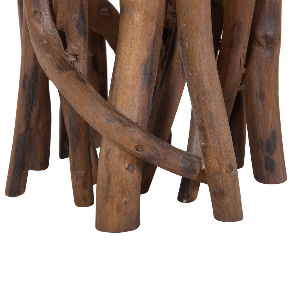 Tavolino Bianco Tondo Piano Legno Teak Scuro Ramo Di Albero Base Moderno Rustico Soggiorno Camera Da Letto