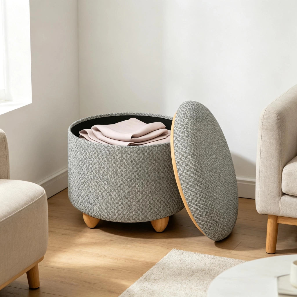 Pouf contenitore rotondo con seduta imbottita e vassoio in legno per soggiorno in lino, MDF e pino grigio chiaro
