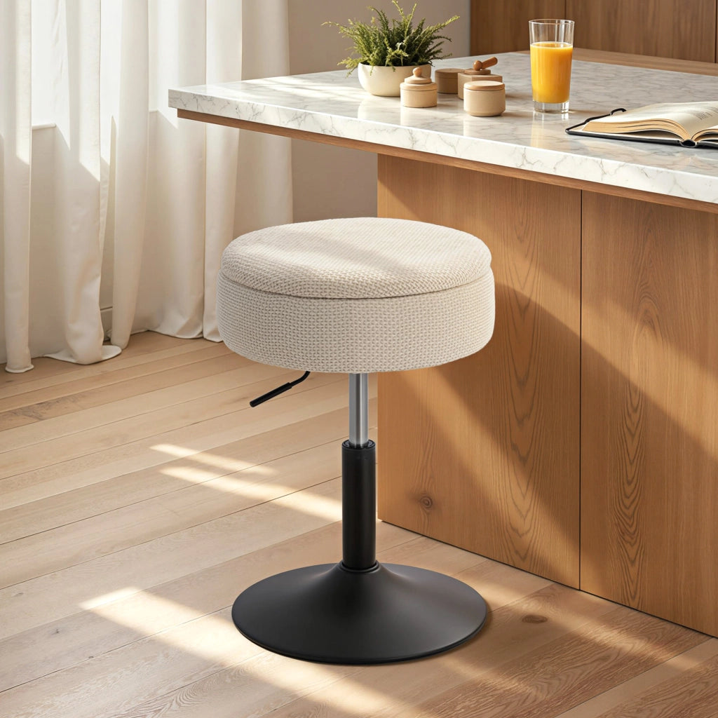 Sgabello da Bar con Contenitore ¨C zephmum ¨C Altezza Regolabile, Rotante, Imbottito in Chenille Beige