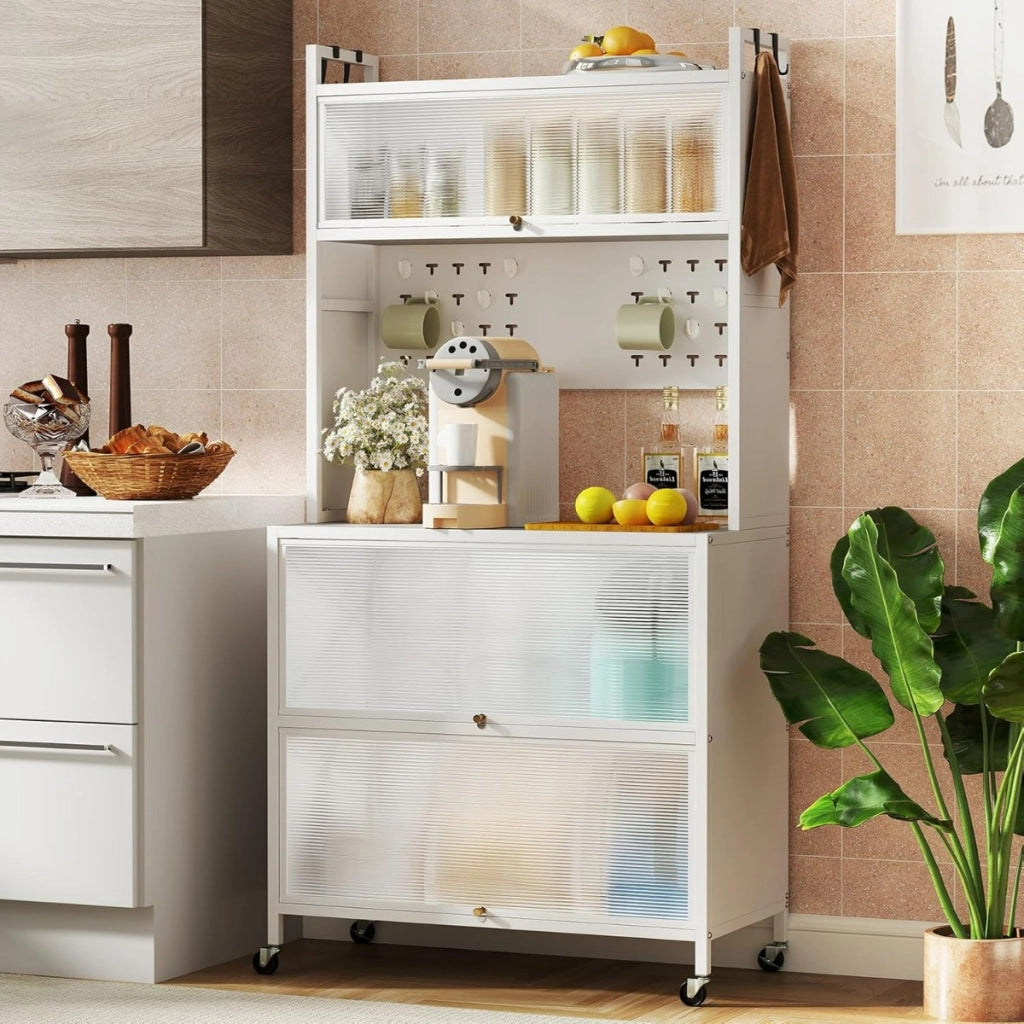 Mobile da cucina rete a 5 ripiani supporto microonde ante a ribalta, Mobile da cucina pannello con ganci Bianco