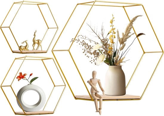Set di 3 pezzi di pannello a forma di esagono in metallo, 3 misure di pannello appeso pannello ondeggiante, pannelli a forma di esagono, pannello dorato per decorazione di parete in soggiorno, caffè e hotel, camera da letto, bagno