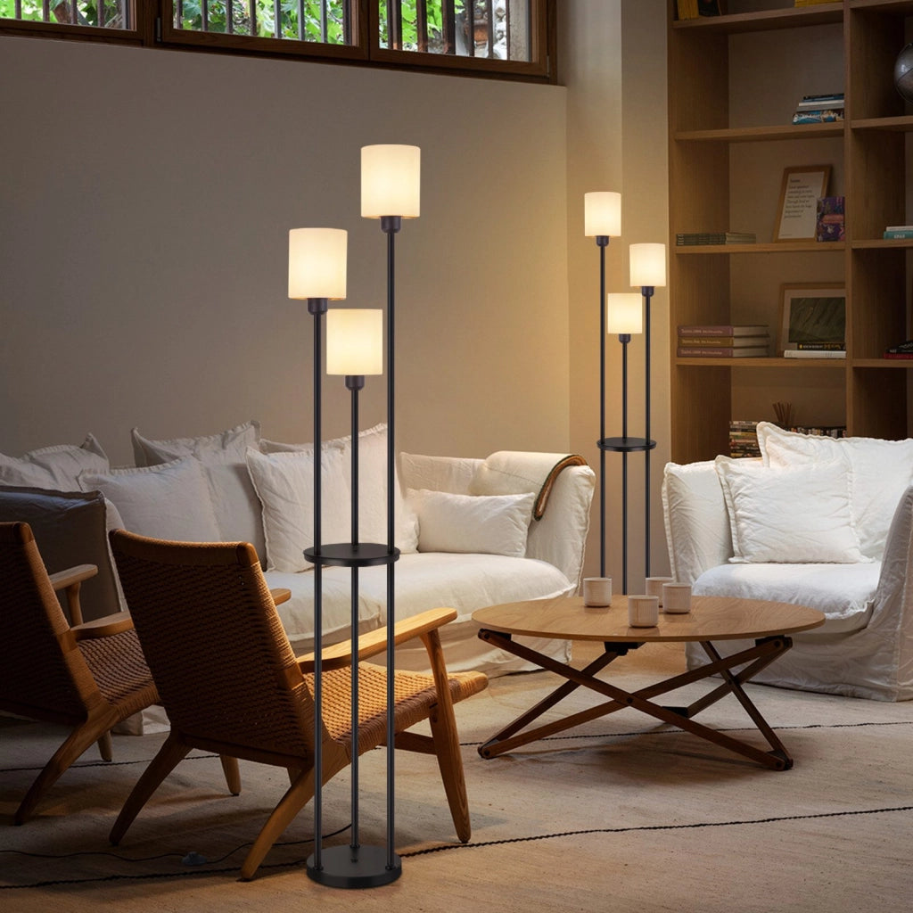 ZMH Lampada da terra nera bianca 3 fiamme E27 paralume tessuto vintage con ripiano 163cm