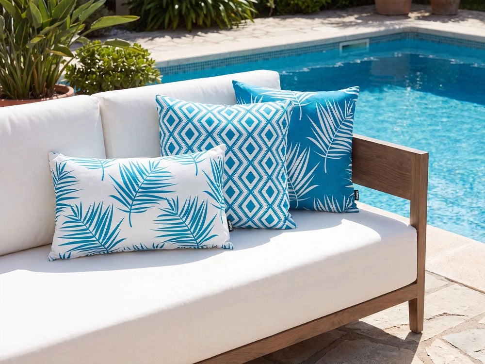Set di 3 cuscini decorativi da esterno, in poliestere bianco e blu, accessori da giardino, motivo floreale