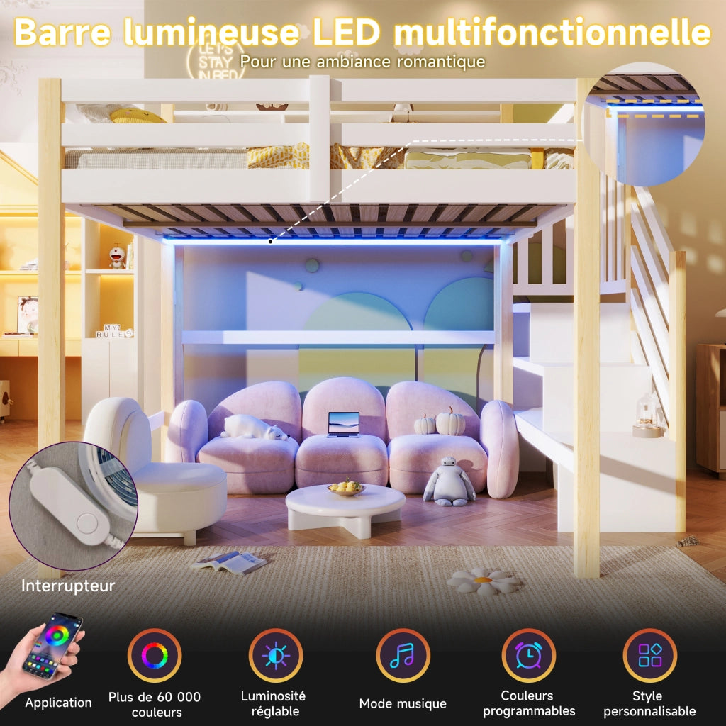 Letto castello 140x200 LED stivaggio scala vano bianco/naturale