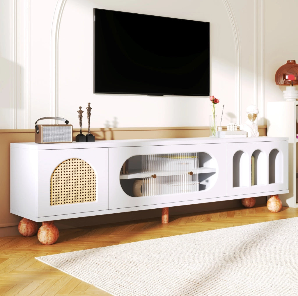 Mobile TV 170 cm bianco e legno – ante decorative, vetro scorrevole e vani