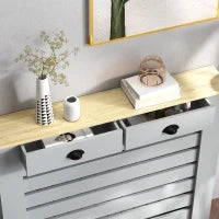 Copritermosifone in MDF a Doghe, Copricalorifero a Griglia con 2 Cassetti, 111x19x95.5 cm, Grigio