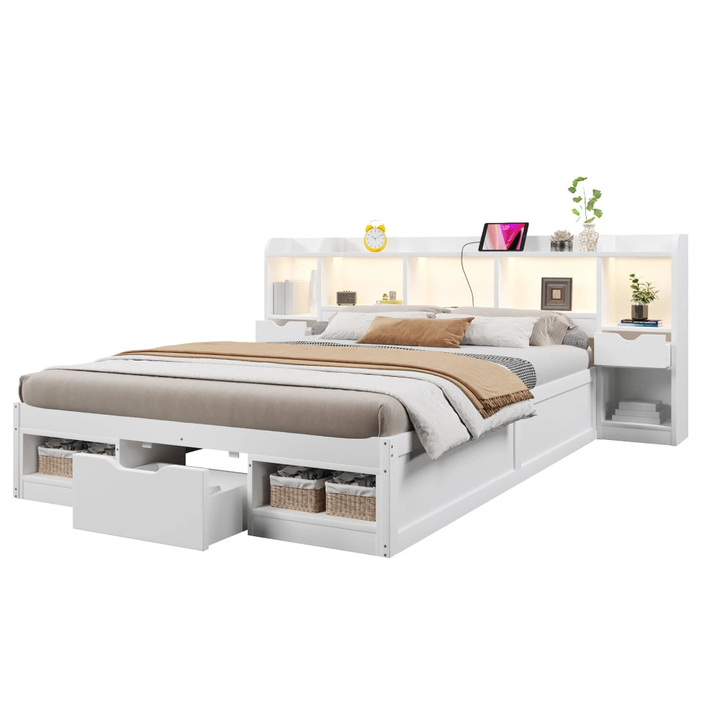 Letto piattaforma 140x200 cm con LED, USB e 3 cassetti in MDF e compensato bianco