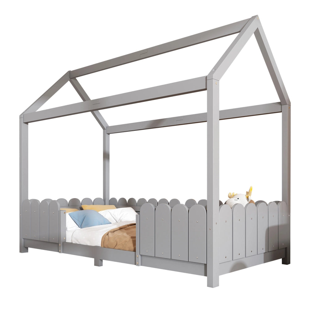 Letto a casetta per bambini 90x200 cm con barriera anticaduta e rete a doghe; in legno grigio