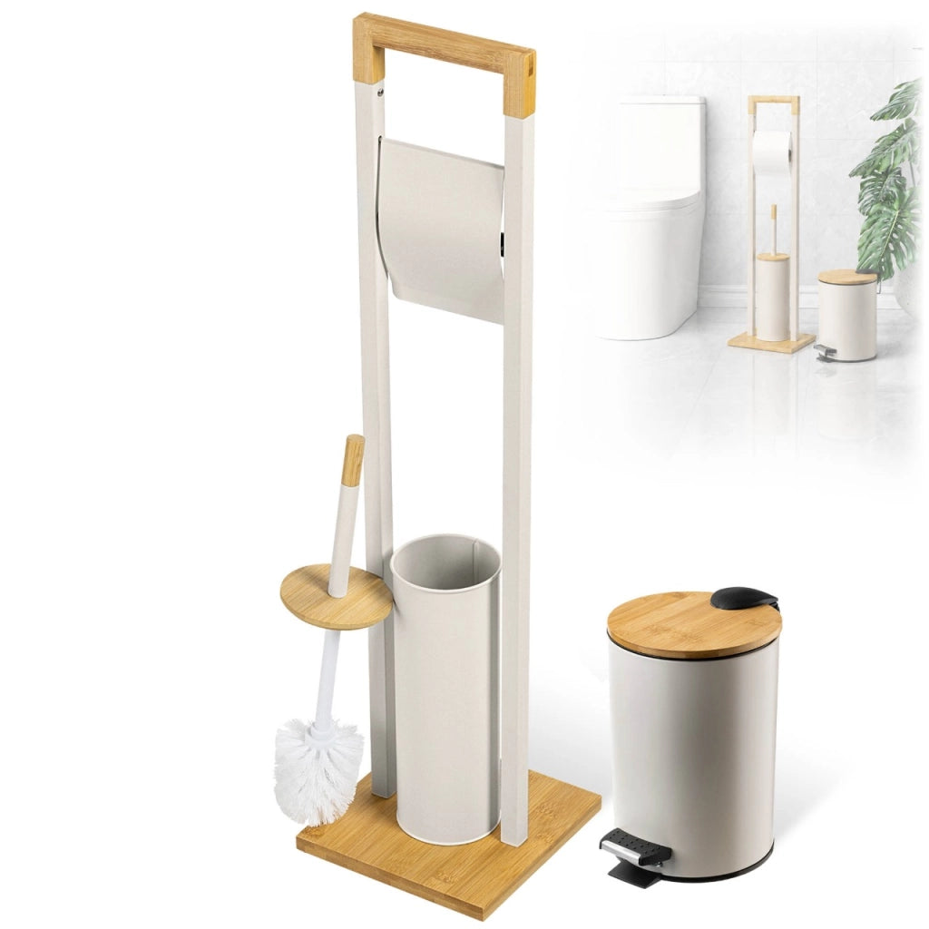 Set da bagno KADAX beige con cestino, portarotolo e scopino.