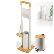 Set da bagno KADAX beige con cestino, portarotolo e scopino.