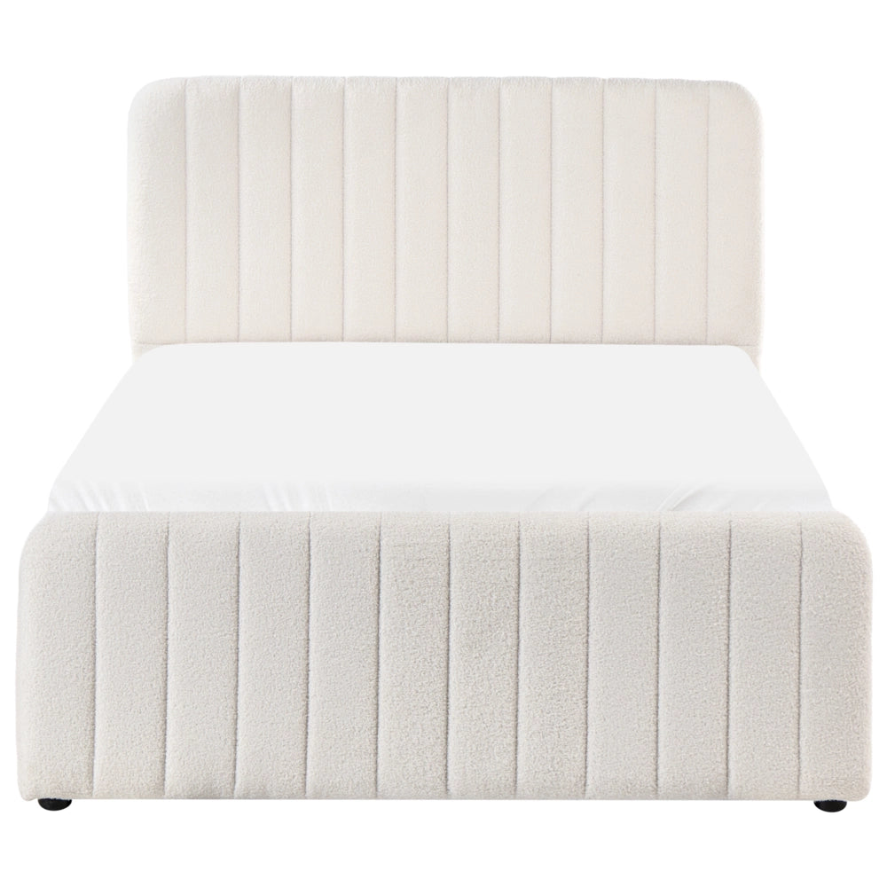Letto matrimoniale con contenitore imbottito Boucle tessuto bianco 120 x 200 cm con testiera e pediera contenitore sollevabile