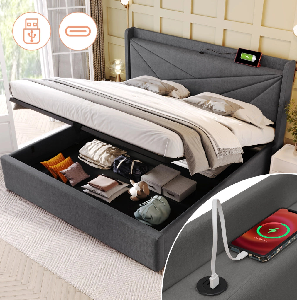 Letto matrimoniale contenitore 180x200 cm con USB e Tipo-C; cotone lino; grigio (Senza materasso)