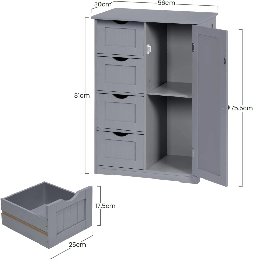 Cassettiera, Mobile da Bagno con 4 Cassetti e 2 Scomparti Regolabili, Mobile Portaoggetti per Bagno/Camera da Letto/Corridoioo/Cucina, Grigio, 56x30x81 cm