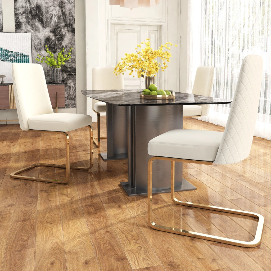 Set 2 sedie da pranzo in velluto beige con schienale a rombi e gambe in metallo