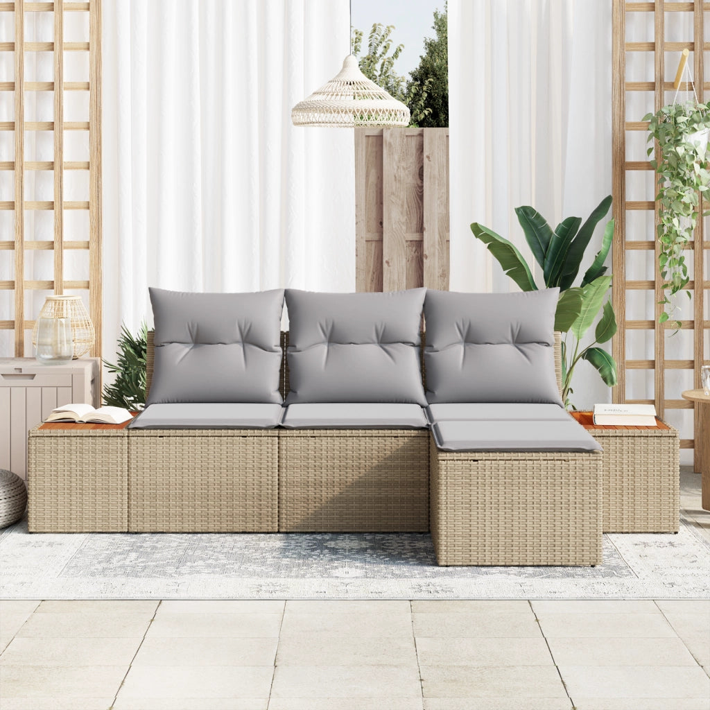 Set di Divani da Giardino da 4 Pezzi con Cuscini Beige in Polyrattan Acacia