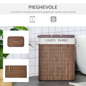 Cesto per Biancheria 2 Scomparti 52x32x63 cm con Coperchio e Maniglie Marrone