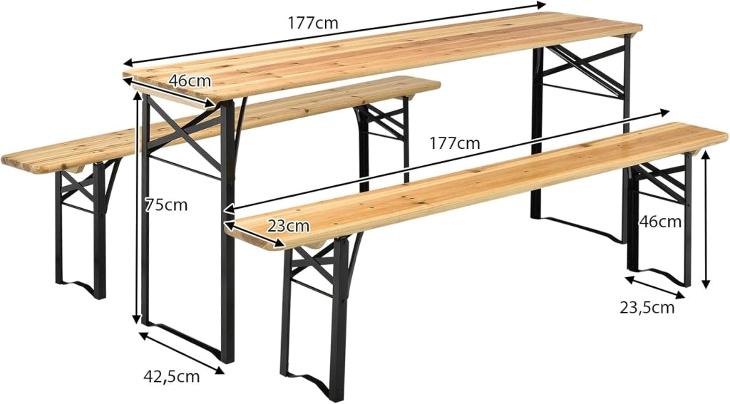 Set da Tavolo e 2 Panche da Campeggio Pieghevole, Tavolo da Picnic in Legno con Telaio e Gambe in Ferro Robusto，Adatto per Terrazza, Barbecue e Festa in Giardino