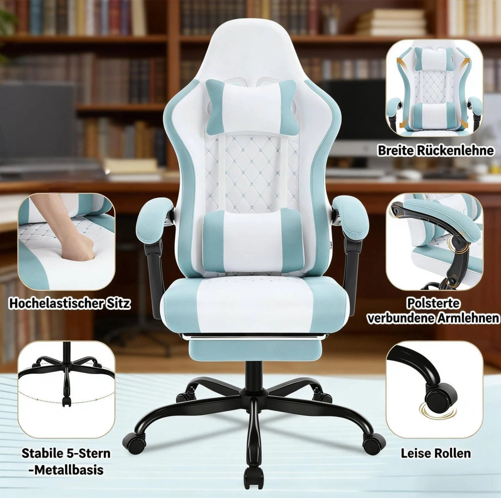 Sedia gaming ergonomica con massaggio, blu e bianca