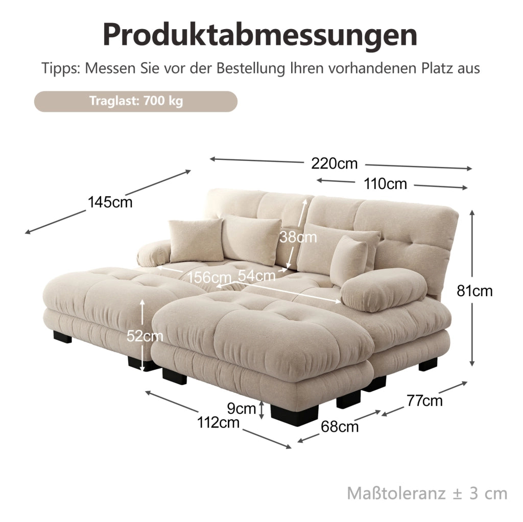 Divano modulare in ciniglia color caffè chiaro con 2 pouf; 2 cuscini lombari e 2 cuscini decorativi