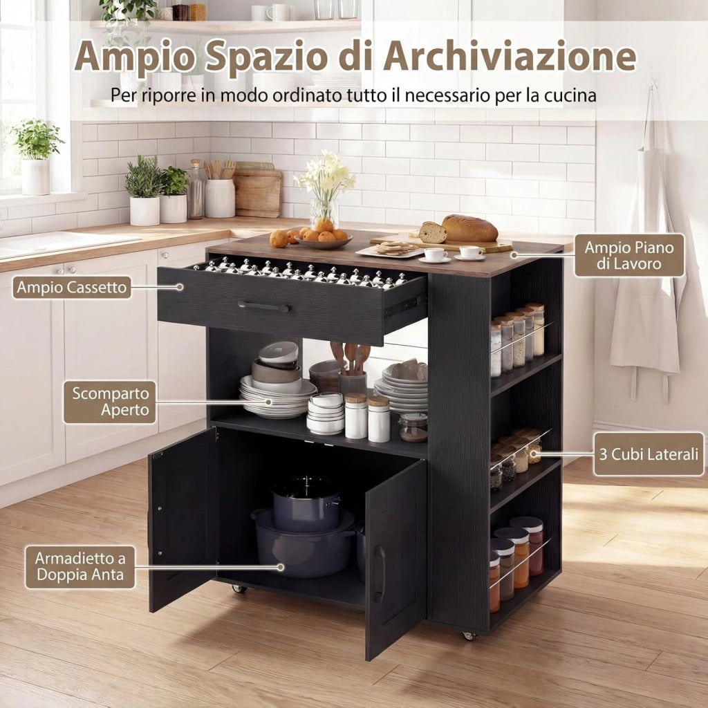 Carrello da Cucina con Ruote, Isola da Cucina con 3 Portaspezie 1 Cassetto Armadietto a 2 Porte, Carrello Portaoggetti con Portasciugamani,82x46x92 cm (Nero, con presa)