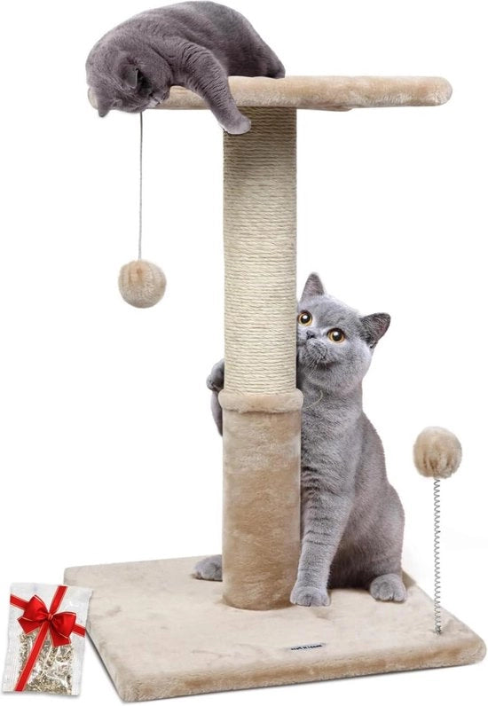 66 cm Pala di gatto con staffa e palline penzolanti - Pali di gatto in sisal naturale per gatti e gattini con letto per gatti - Beige