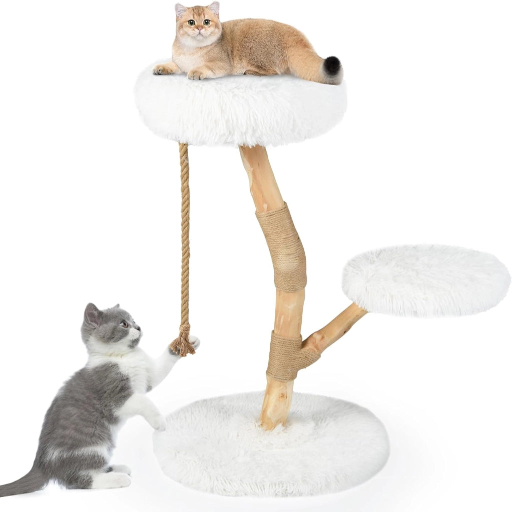 Albero per Gatti 90 cm, Torre Moderna in Legno con Piattaforme, Tiragraffi in Luta Naturale e Corda, Albero Tiragraffi per Animali Domestici (Bianco)