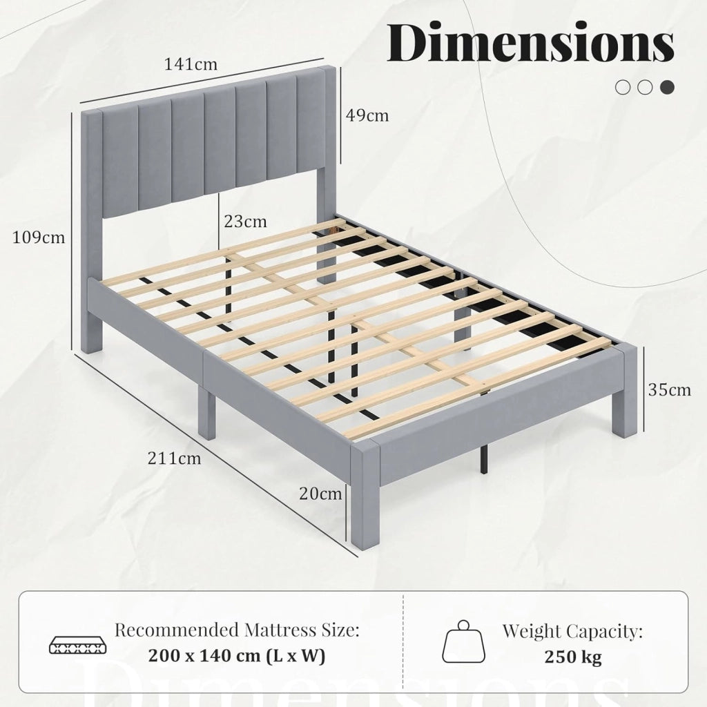 Struttura Letto 211 x 141 CM con Testata Imbottita, Rete a Doghe in Legno, Spazio Sotto il Letto, Montaggio Facile, Grigio