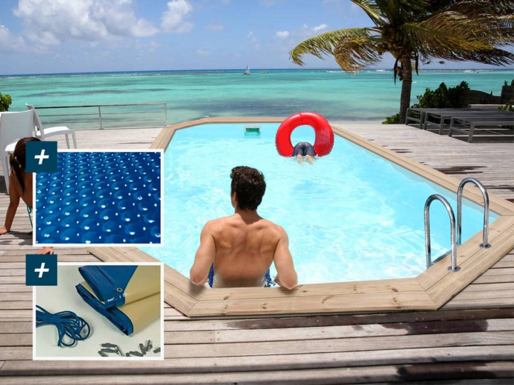 Piscina in legno "Cordoba" - 3,48 x 2,15 x 1,18 m + copertura a bolle 180 µ - copertura invernale 280 g/m