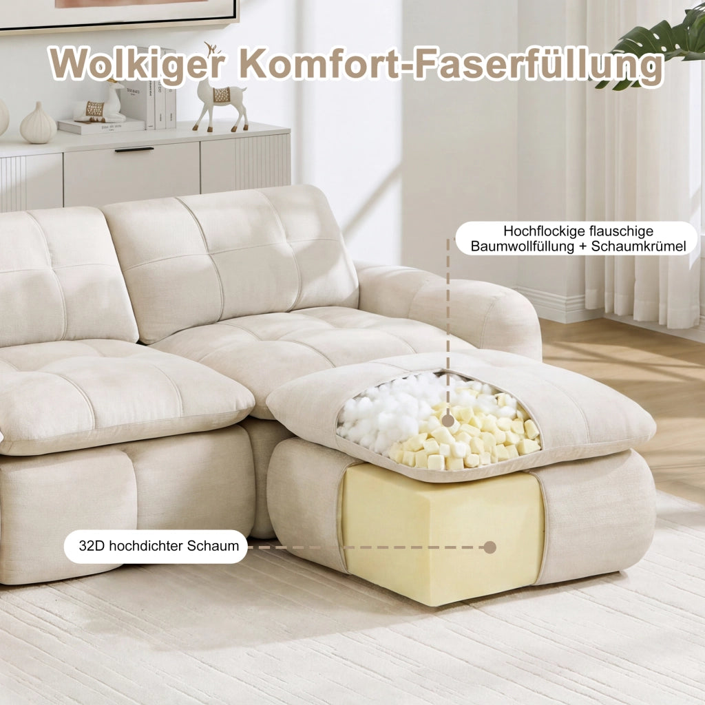 Divano modulare 2 posti in ciniglia senza struttura con seduta ampia e profonda 2 pouf montaggio non richiesto beige
