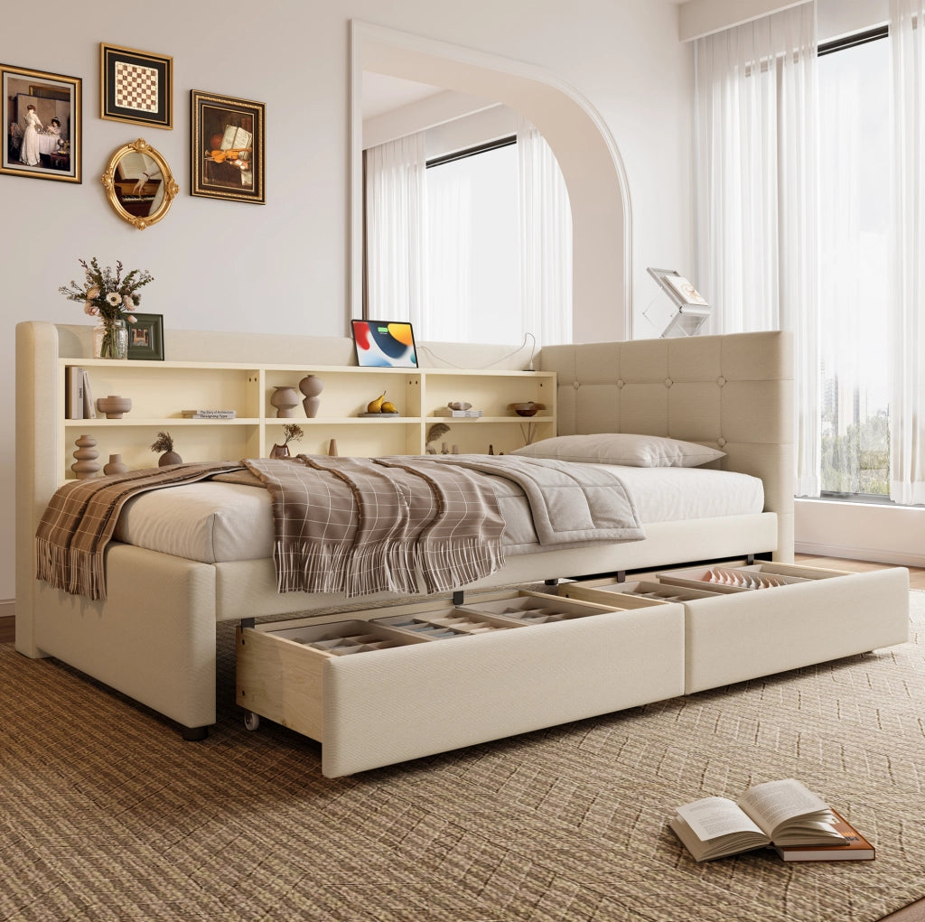 Letto singolo 90x200 cm con cassetti, USB e Type-C beige