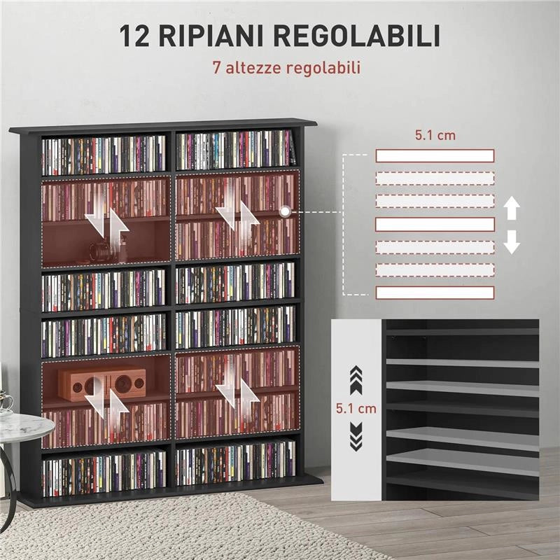 MOBILE LIBRERIA PORTA CD A 16 RIPIANI DAL DESIGN MODERNO IN LEGNO, 106.5X24X123.7 CM, NERO