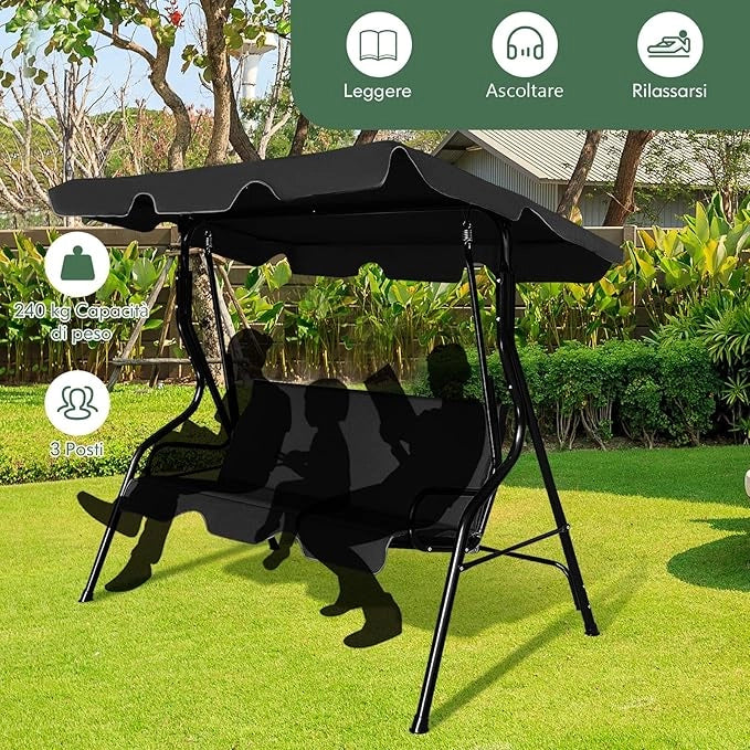 Dondolo a Tre Posti con Oscurante per Proteggersi dal Sole,Colori Disponibili:Nero caffè Verde più Bianca (Nero)
