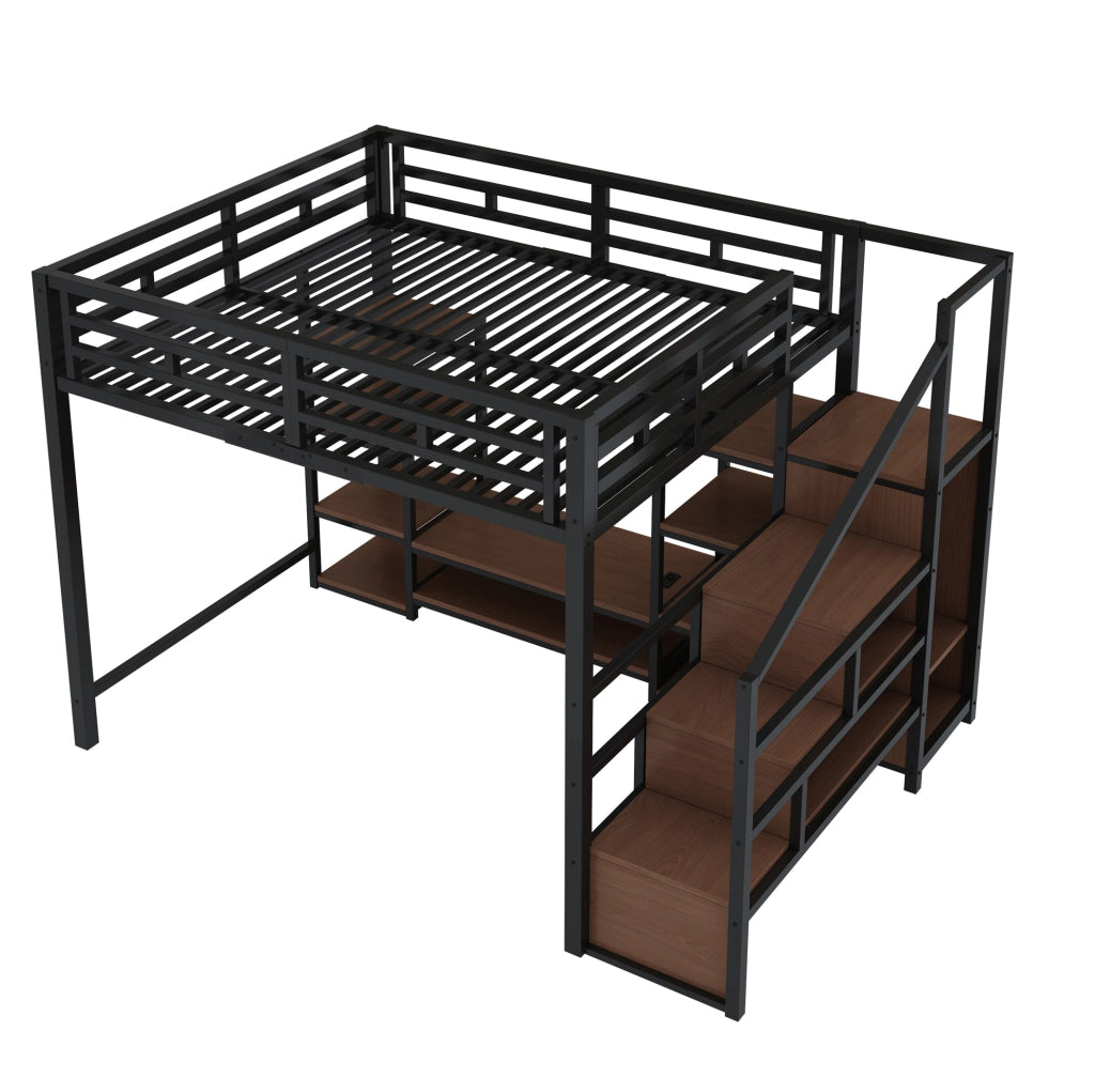 Letto a soppalco 140x200 cm con supporto TV e presa, nero HAVRYA