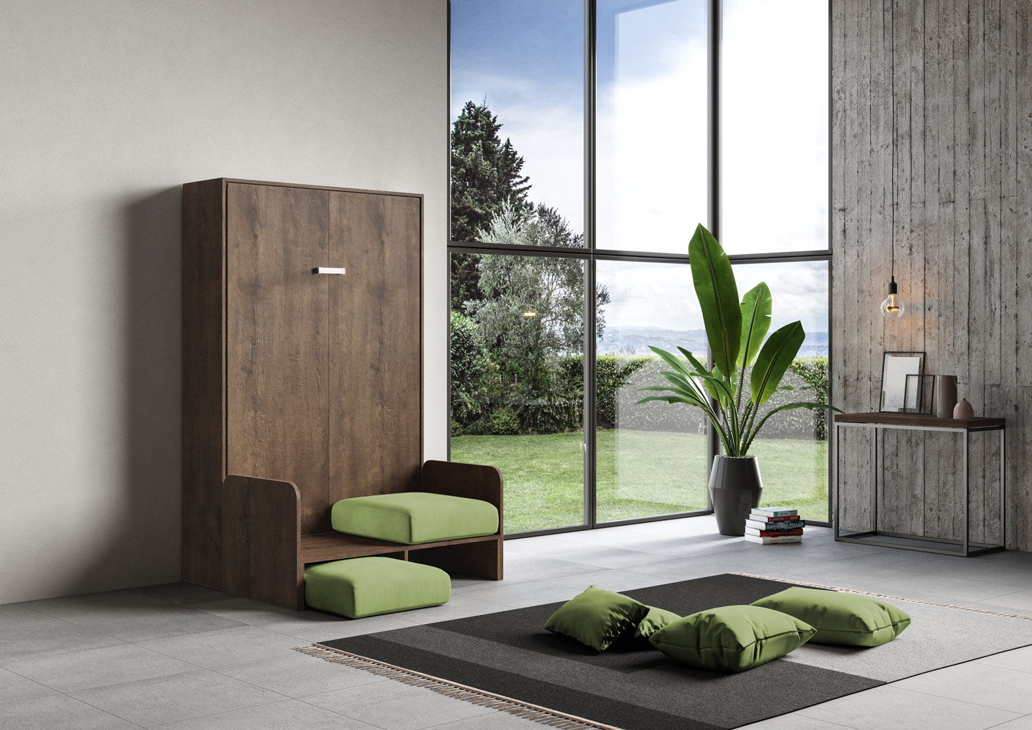 Letto Matrimoniale Francese A Scomparsa 140 Kentaro Con Divano Noce e Verde