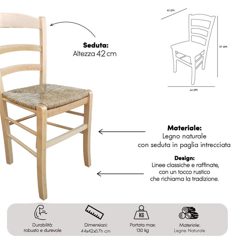 SEDIA IN LEGNO COLORE NATURALE 44×42×87 CM MODELLO PAESANA CON SEDUTA IN PAGLIA NATURALE LACCATA E SCHIENALE ALTO - 4PZ