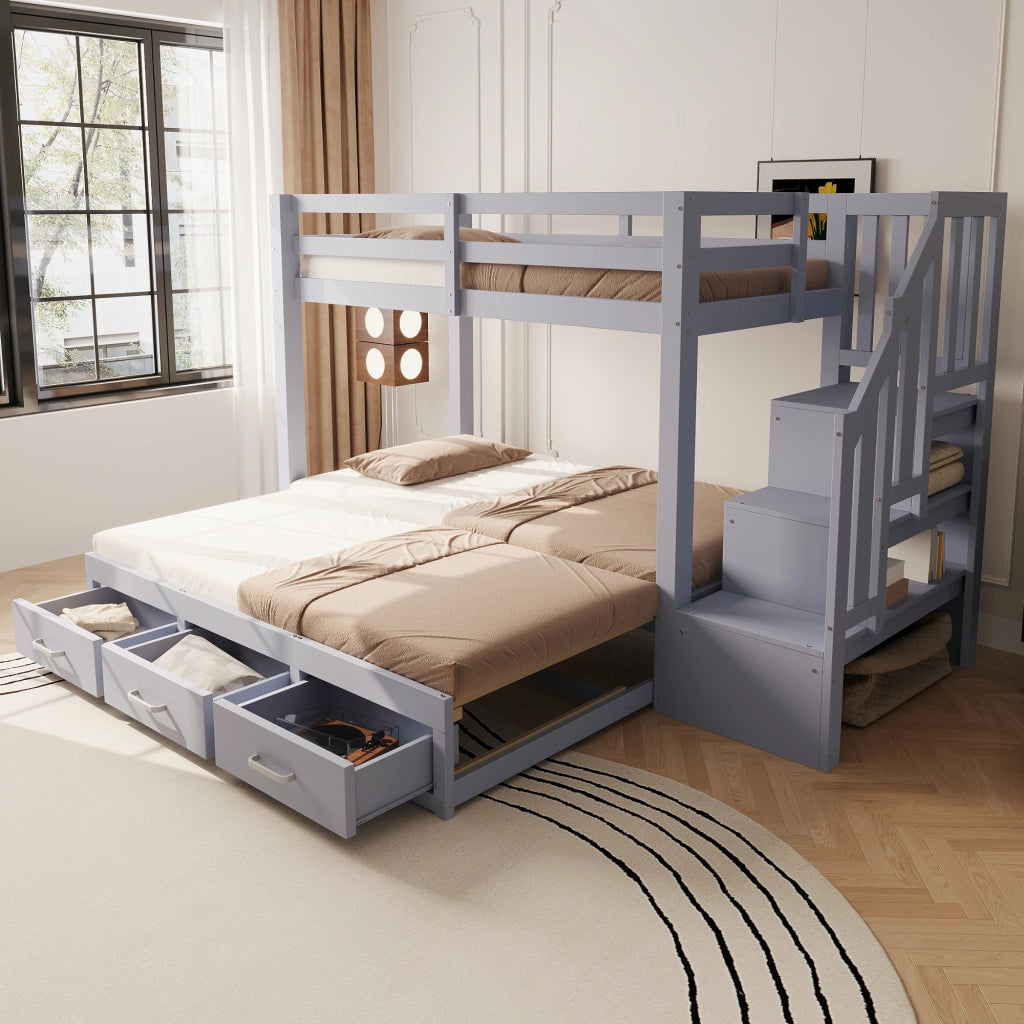 Letto a castello 90 × 200 cm con letto estraibile 180 × 190 cm, 3 cassetti e scala contenitore, senza materasso