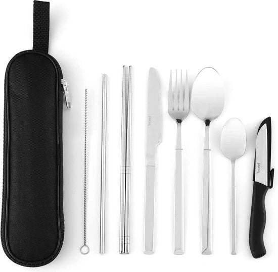 Set da cucina per campeggio 9 pezzi con valigetta compatta - Materiale riutilizzabile - Acciaio inox - Set di utensili da cucina pratico per campeggio e viaggi