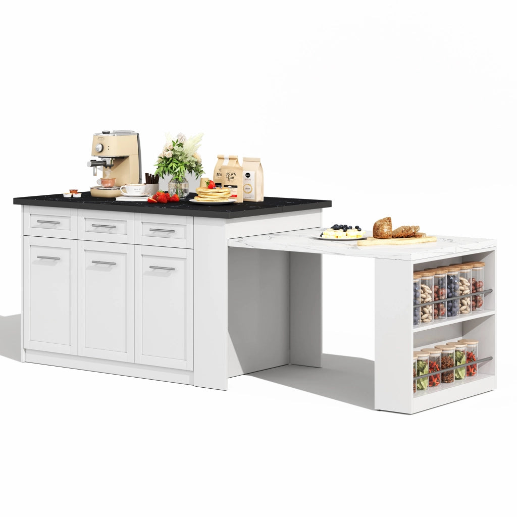 Isola da Cucina 150/246x90x90 cm con Tavolo Estraibile 96 cm; Piano Effetto Marmo; 6 Cassetti e Ripiani