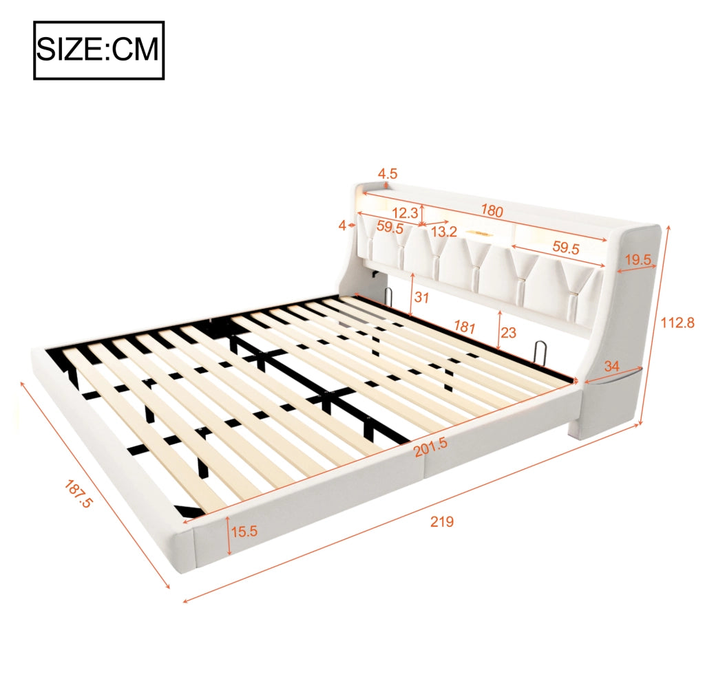 Letto imbottito ULEVR 180x200 cm beige con testiera contenitore, LED, prese USB e Type-C in velluto