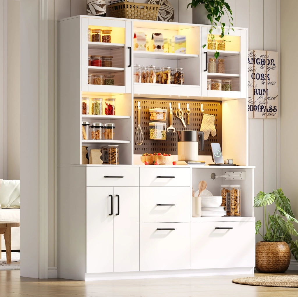 Credenza cucina con LED RGB, prese e 5 cassetti, bianca