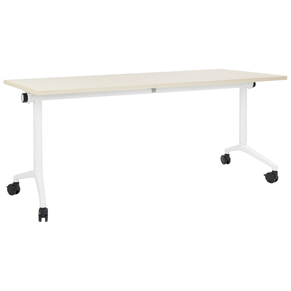 Scrivania rettangolare pieghevole con rotelle portatile con struttura in metallo marrone chiaro e bianco 180 x 60 cm stile moderno