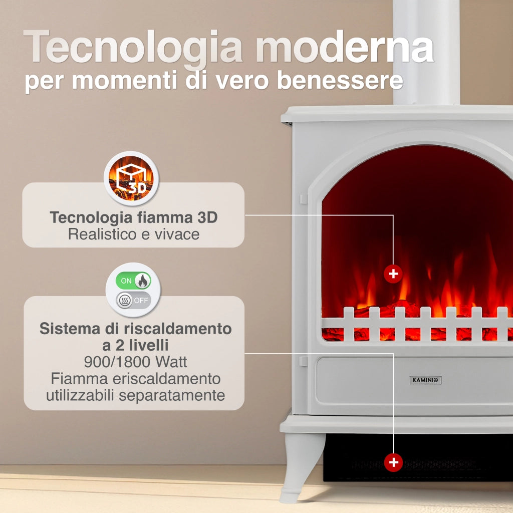KAMINIO Camino elettrico LENI con tubo di scarico - Camino elettrico con riscaldamento, effetto fiamma 3D - Bianco