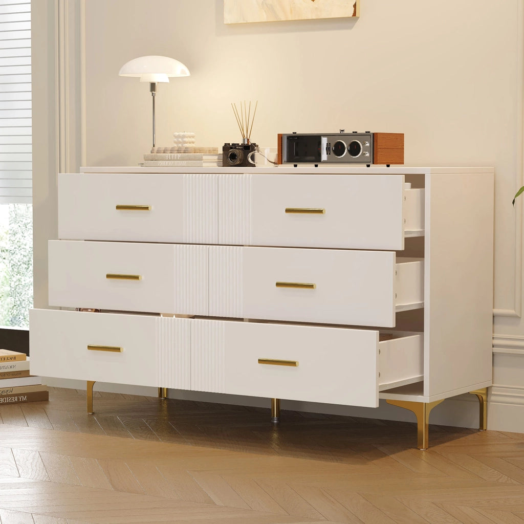 Com¨° moderno bianco con 6 cassetti, struttura in MDF, design rigato, 120 x 40 x 76 cm