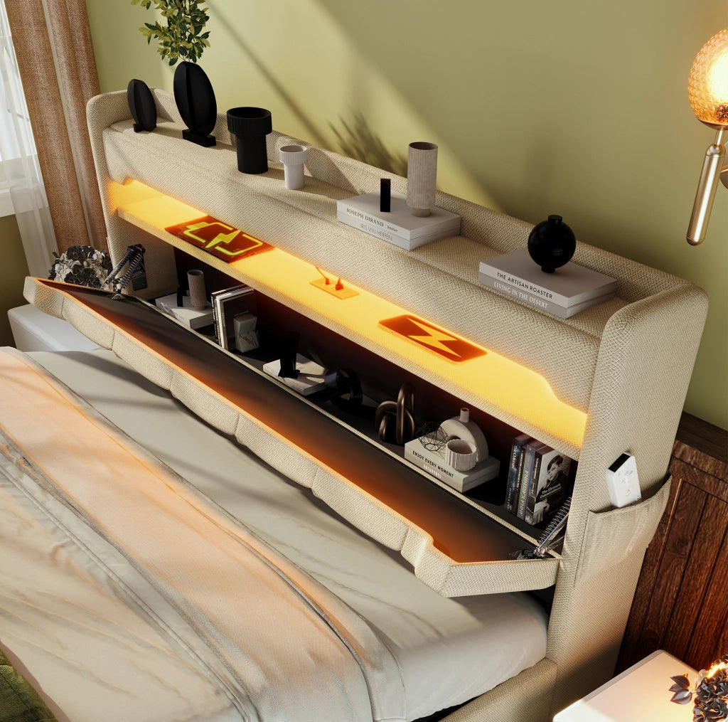 Letto matrimoniale 160x200 cm con contenitore; LED; ricarica USB e Type-C; in lino beige; con materasso